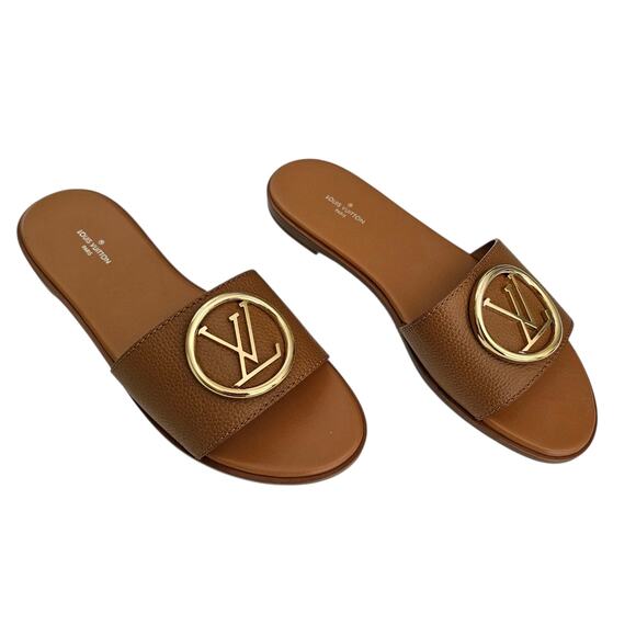 Louis Vuitton Lock It Flat Slide Sandal Size 39 US 9 Brown Leather Gold LV Logo - Picture 1 of 11